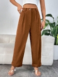 Women's High Waist Corduroy Straight Leg Pants Solid Dark Brown Retro Casual Loose Trousers Pockets 100% Polyester Warm Fabric Daily Home Fall Winter