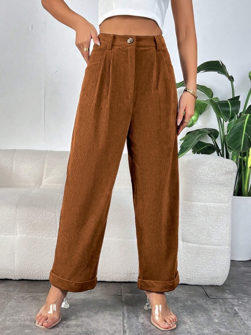 Women's High Waist Corduroy Straight Leg Pants Solid Dark Brown Retro Casual Loose Trousers Pockets 100% Polyester Warm Fabric Daily Home Fall Winter