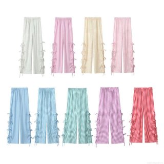Women's Plaid Wide Leg Trousers High Waist Elastic Bow Tie Side Casual Straight Long Pants Gingham Striped Streetwear Loose Culottes
