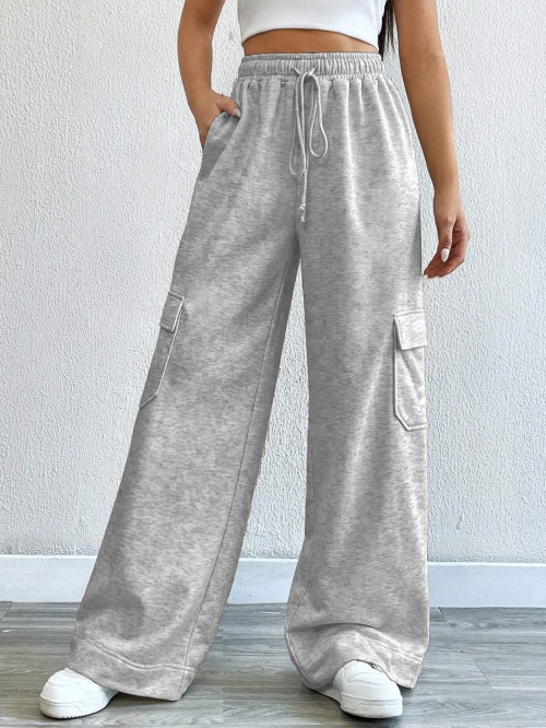 Women's High Waisted Cargo Sweatpants Polyester Cotton Blend Wide Leg Casual Pants With Drawstring Pockets Fashion Streetwear Sports Joggers Women
