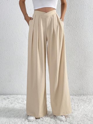 Women's Wide Leg Pants High Waist V-Cross Pleated Loose Polyester Spandex Casual Commute Fashion Flowy Long Trousers For Women