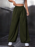Women's Cargo Pants 100% Polyester Wide Leg Baggy Trousers Elastic Waist Drawstring Hem Multi-Pocket Utility Streetwear Casual Military Green Pants For Women