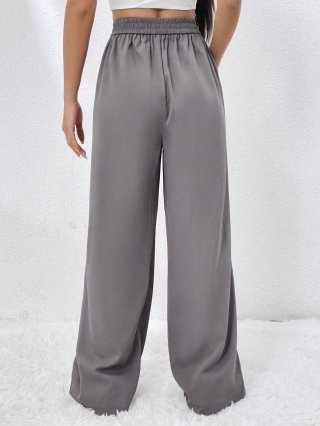 Women's High Waisted Wide Leg Pants Casual Loose Straight Trousers Elegant Office Work Pants With Pockets Elastic Waist Pleated Polyester Long Trousers