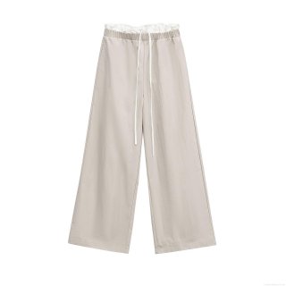 Women's Casual Patchwork Wide Leg Pants Summer High Waist Elastic Drawstring Straight Trousers Minimalist Streetwear Beige Long Pants