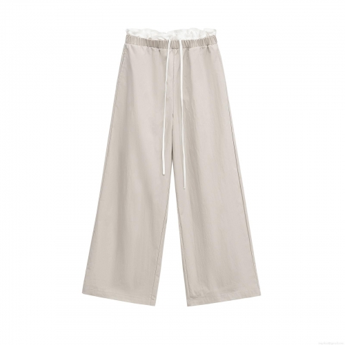 Women's Casual Patchwork Wide Leg Pants Summer High Waist Elastic Drawstring Straight Trousers Minimalist Streetwear Beige Long Pants