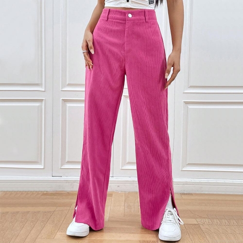 Women's Fashion High Waist Corduroy Wide Leg Pants Casual Straight Trousers with Side Slit Magenta Rose Pink Solid Color Loose Fit Bottoms for Women
