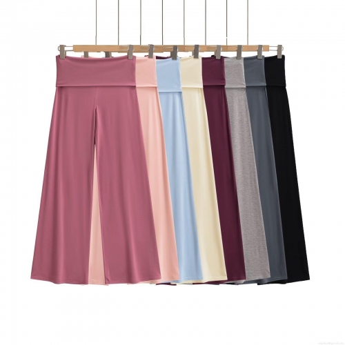 Women's Fold-over Waist Straight Wide Leg Pants Solid Color Viscose Elastane Casual Trousers for Yoga Summer Streetwear Women