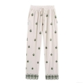 Women's Casual Cotton Blend Embroidery Wide Leg Pants Boho Drawstring Elastic Waist Ethnic Floral Straight Trousers For Summer Streetwear