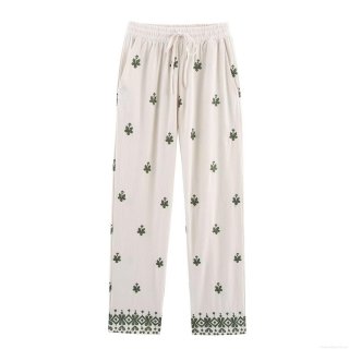 Women's Casual Cotton Blend Embroidery Wide Leg Pants Boho Drawstring Elastic Waist Ethnic Floral Straight Trousers For Summer Streetwear