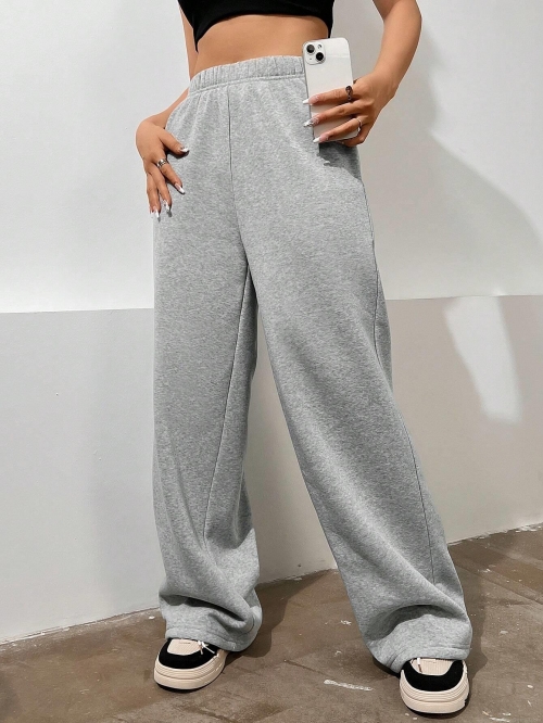 Women's High Waist Wide Leg Pants Casual Loose Lounge Trousers Grey Polyester Cotton Blend Sweatpants Straight Leg Comfortable Trousers For Women Daily Wear