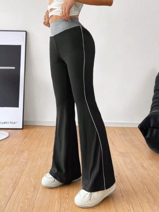 Women High Waisted Flared Pants Ribbed Knit Contrasting Color Waist Side Stripe Slim Fit Casual Commuter Trousers For Women Autumn Winter Viscose Blend Stretchy Flare Leggings