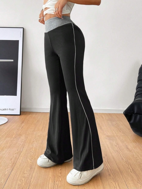 Women High Waisted Flared Pants Ribbed Knit Contrasting Color Waist Side Stripe Slim Fit Casual Commuter Trousers For Women Autumn Winter Viscose Blend Stretchy Flare Leggings