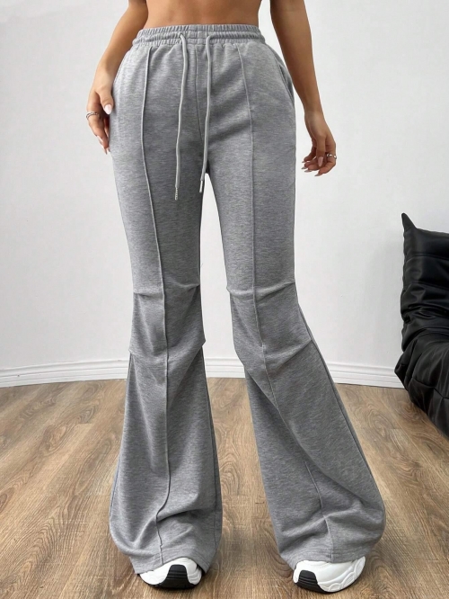 Women's Casual Flare Leg Pants Cotton Polyester Blend Drawstring Elastic High Waist Wide Leg Trousers For Commuting Daily Wear Solid Color Slimming Long Pants