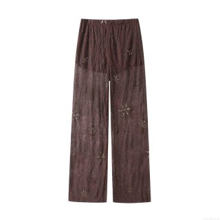Women's Sexy Sheer Mesh Beaded Sequin Wide Leg Trousers Elegant High Waist See Through Straight Pants For Party Clubwear Summer Streetwear
