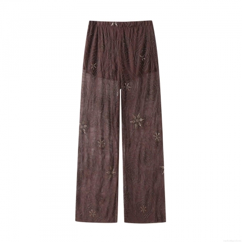 Women's Sexy Sheer Mesh Beaded Sequin Wide Leg Trousers Elegant High Waist See Through Straight Pants For Party Clubwear Summer Streetwear