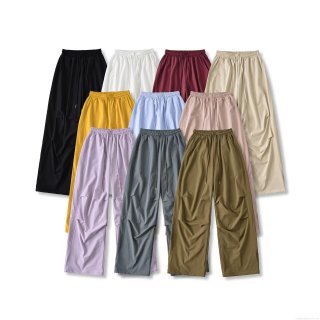 Women Wide Leg Casual Pants Polyester Drawstring Elastic Waist Trousers For Summer Vacation Streetwear Street Style Loose Fit Solid Color Bottoms
