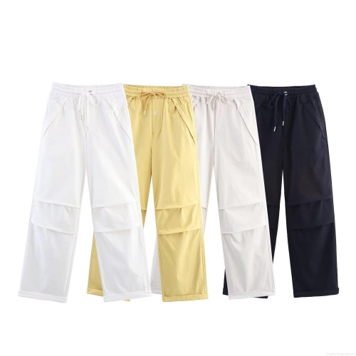 Women's Casual Wide Leg Cargo Pants Low Waist Elastic Drawstring Trousers Pleated Paneled Streetwear Fashion Loose Long Pants