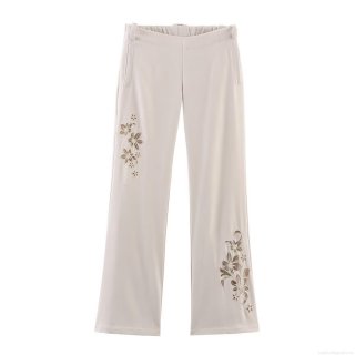 Women's Summer Loose Casual Flare Pants Embroidery Hollow Out Polyester Beige Wide Leg Trousers For Daily Vacation Street Style Ladies Comfortable