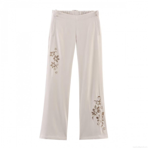 Women's Summer Loose Casual Flare Pants Embroidery Hollow Out Polyester Beige Wide Leg Trousers For Daily Vacation Street Style Ladies Comfortable