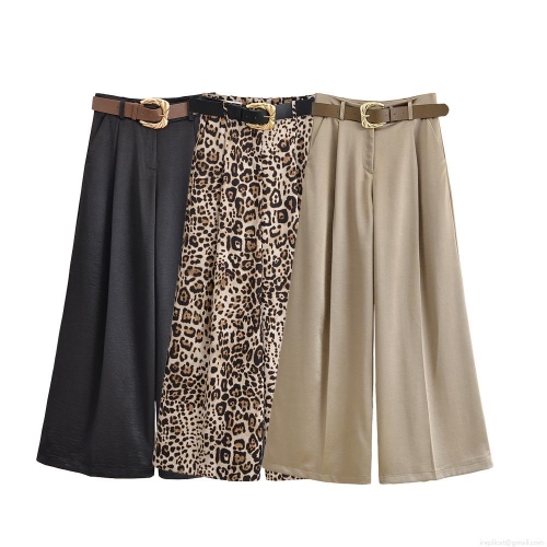 Women's High Waisted Wide Leg Pants With Belt Polyester Fabric Casual Solid Color Leopard Print Long Trousers Autumn Streetwear