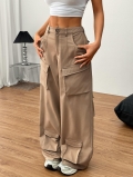 Women's Loose High Waisted Cargo Pants Streetwear Multi Pocket Wide Leg Trousers Casual Polyester Straight Long Pants For Women