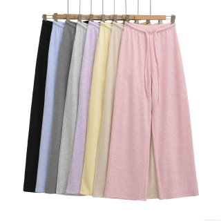 Women's Casual Wide Leg Pants Knitted Cotton Polyester Blend Drawstring Elastic Waist Loose Straight Fit Daily Streetwear Loungewear Solid Color Trousers For Women