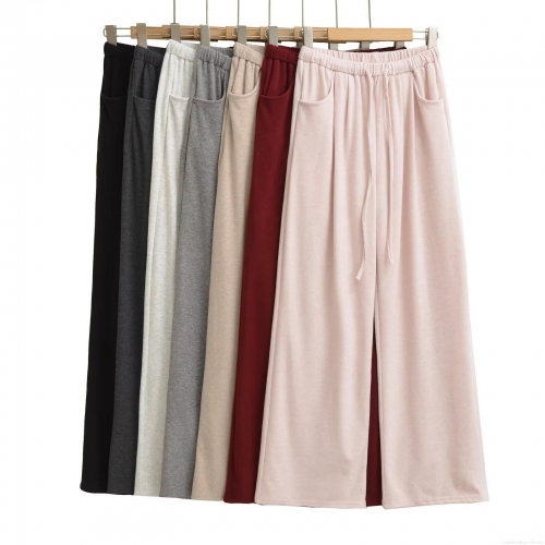 Women's Wide Leg Casual Pants Solid Color Polyester Knit Elastic Waist Drawstring Loose Trousers For Daily Streetwear Fall Winter Comfortable High Waisted Pants