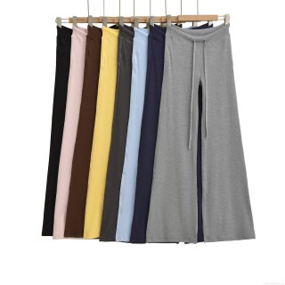 Women Ribbed Knit Flare Pants Solid Color Drawstring Elastic Waist Casual Wide Leg Bell Bottom Trousers Autumn Streetwear Yoga Pants For Women