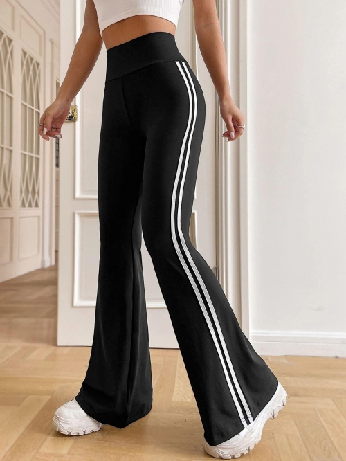 Women's High Waist Flare Yoga Pants With Side Stripes Polyester Spandex Wide Leg Slimming Casual Trousers For Sports Outdoor Wear