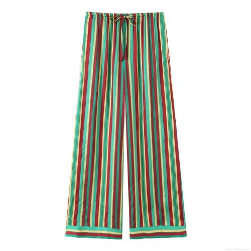 Women's Striped Wide Leg Pants Satin Finish Multicolor Polyester Pajama Style Trousers with Drawstring Elastic Waist Casual Streetwear for Autumn