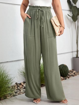 Women's High Waisted Wide Leg Pants 100% Rayon Drawstring Elastic Waist Casual Vacation Trousers With Pockets Loose Comfortable Slimming Solid Color Summer Bottoms