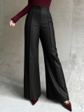 Women's High Waist Wide Leg Suit Pants With V-Cut Waistband Pressed Crease Polyester Elastane Draping Straight Flare Trousers For Office Commute Minimalist Black Pants