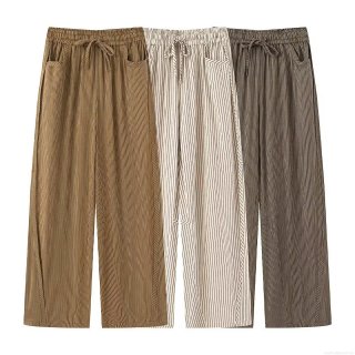 Women's Vertical Striped Wide Leg Pants Elastic High Waist Drawstring Casual Trousers Loose Straight Streetwear Fall Long Pants