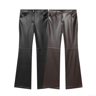 Women's PU Faux Leather Micro-Flare Pants Mid Waist Patchwork Stitched Pockets Streetwear Casual Long Trousers For Lady European Style Fashion Bottoms