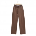 Women's Autumn European Style Elastic Waist Drawstring Fleece Lined Wide Leg Casual Pants Streetwear Warm Solid Color Loose Trousers For Daily Wear