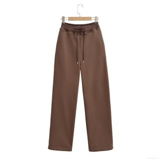 Women's Autumn European Style Elastic Waist Drawstring Fleece Lined Wide Leg Casual Pants Streetwear Warm Solid Color Loose Trousers For Daily Wear