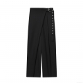 Women's Solid Black Straight Leg Casual Pants With Belt Wrap Design High Waist Polyester Twill Trousers For Streetwear Daily Commuting