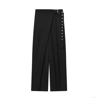 Women's Solid Black Straight Leg Casual Pants With Belt Wrap Design High Waist Polyester Twill Trousers For Streetwear Daily Commuting