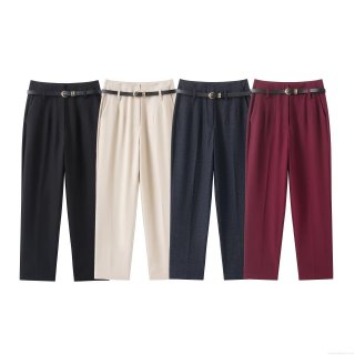 Women High Waist Straight Leg Dress Pants With Black PU Leather Belt Polyester Business Casual Solid Trousers Office Wear Autumn Lady Fashion Slacks
