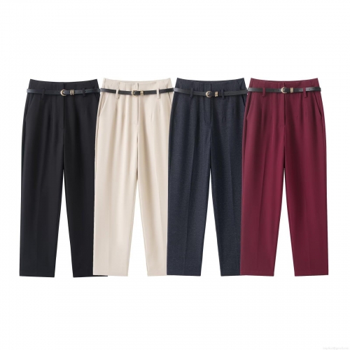 Women High Waist Straight Leg Dress Pants With Black PU Leather Belt Polyester Business Casual Solid Trousers Office Wear Autumn Lady Fashion Slacks
