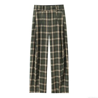 Women's Retro Plaid Wide Leg Pants High Waist Loose Casual Checkered Trousers With Pockets Autumn Winter Polyester Straight Leg Fashion Bottoms