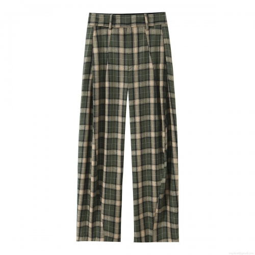 Women's Retro Plaid Wide Leg Pants High Waist Loose Casual Checkered Trousers With Pockets Autumn Winter Polyester Straight Leg Fashion Bottoms