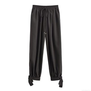 Women's Autumn Casual Loose Lantern Pants High Waist Elastic Drawstring Trousers With Bow Tie Cuffs Solid Color Polyester Streetwear Pants