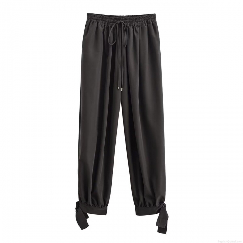 Women's Autumn Casual Loose Lantern Pants High Waist Elastic Drawstring Trousers With Bow Tie Cuffs Solid Color Polyester Streetwear Pants