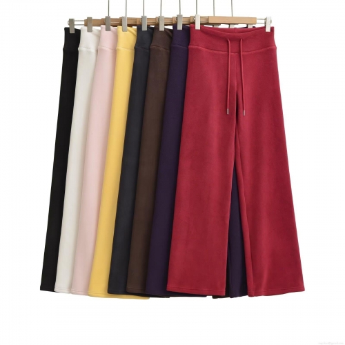 Women's Fleece Lined Wide Leg Pants Polyester Drawstring Elastic Waist Solid Color Casual Streetwear Warm Winter Trousers For Women