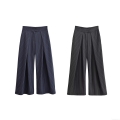 Women's Wide Leg Pinstripe Trousers 100% Polyester Casual Loose Full Length Pants High Waist Pleated Office Lady Streetwear