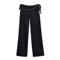 Women's Flare Pants Sueded Polyester Wide Leg Trousers With Rivet Studded Detail Side Bow Lace Up Casual Streetwear Black Autumn Winter Bottoms