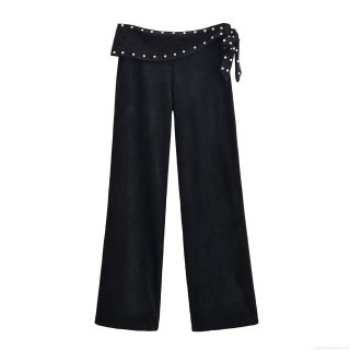 Women's Flare Pants Sueded Polyester Wide Leg Trousers With Rivet Studded Detail Side Bow Lace Up Casual Streetwear Black Autumn Winter Bottoms