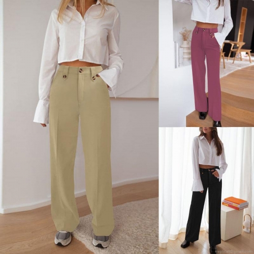 Women's High Waisted Wide Leg Suit Pants Elegant Solid Color Straight Trousers With Buttons Office Commuting Pants Casual High Rise Trouser
