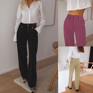 Women's Plus Size High Waisted Straight Leg Suit Pants Solid Color Button Decoration Drape Wide Leg Trousers for Work Office Elegant Casual Wear